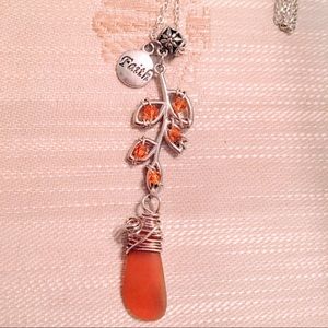 Orange seaglass wirewrapped pendant faith necklace